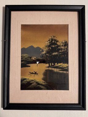 Vintage Japanese Silk Painting River Mountain Scene